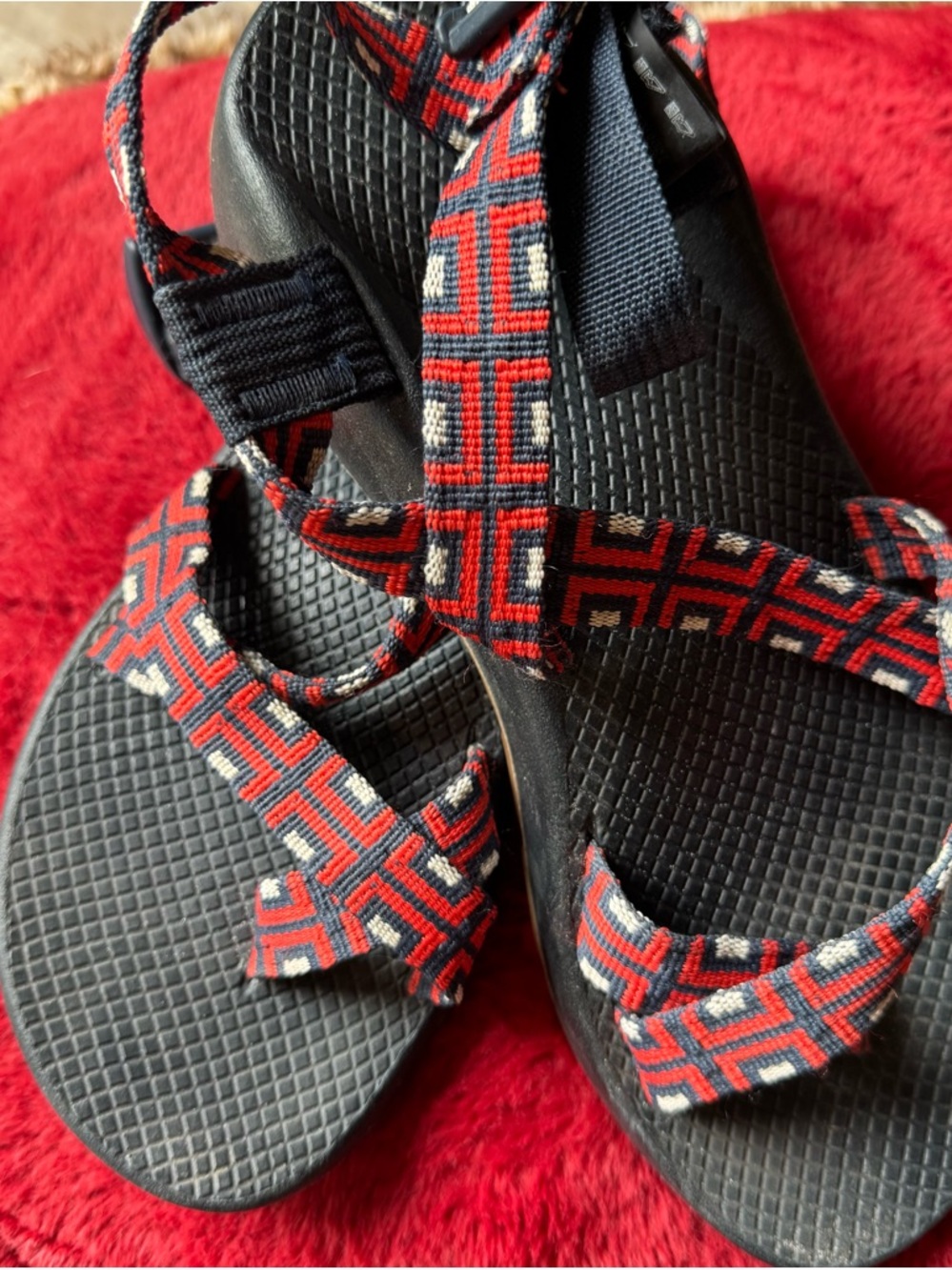 Chaco Women's Blue Sandals with Red and White Geometric Straps - Picture 2 of 7